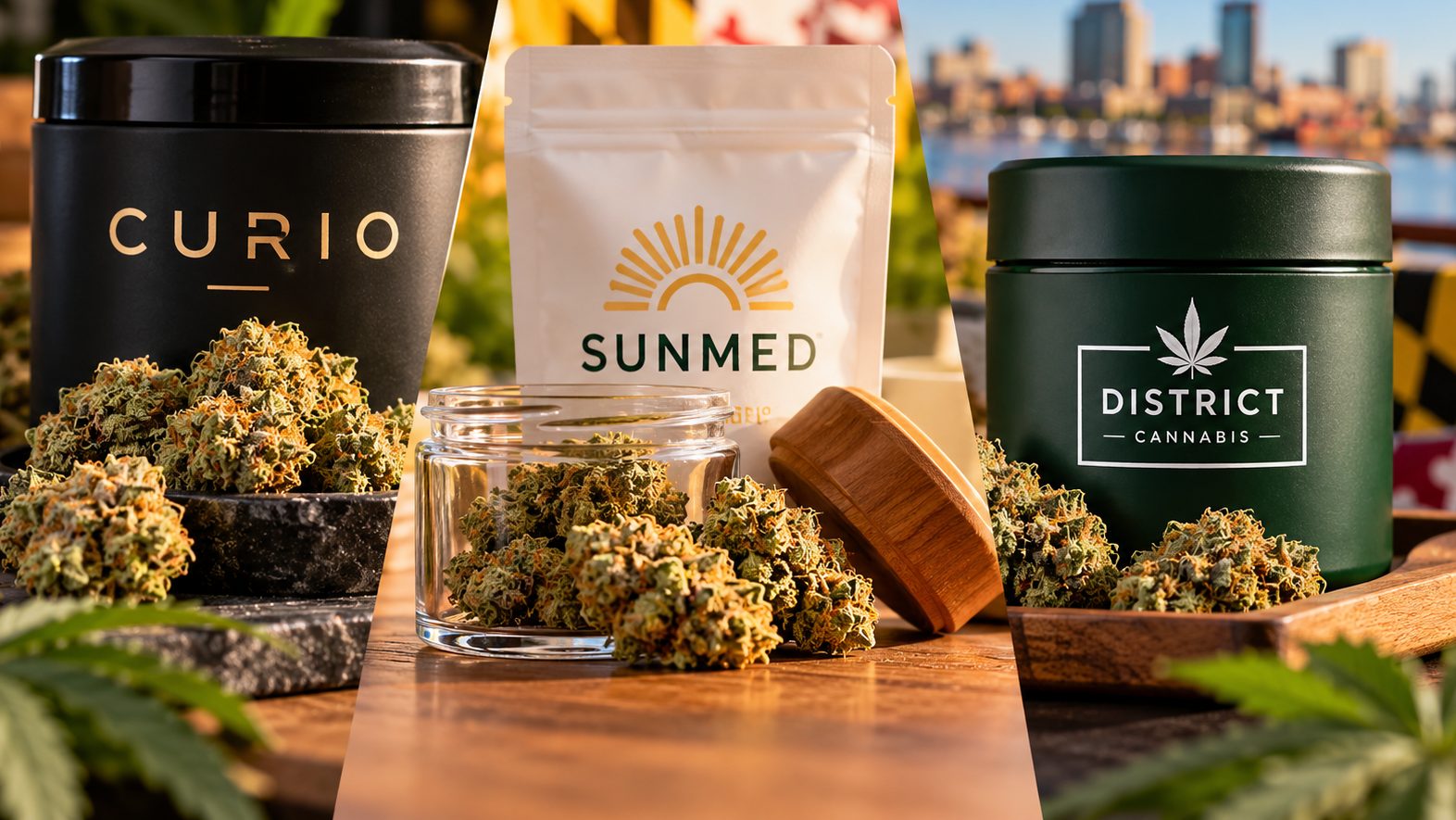 Cannabis flower jars and branded packaging on wooden table with city skyline