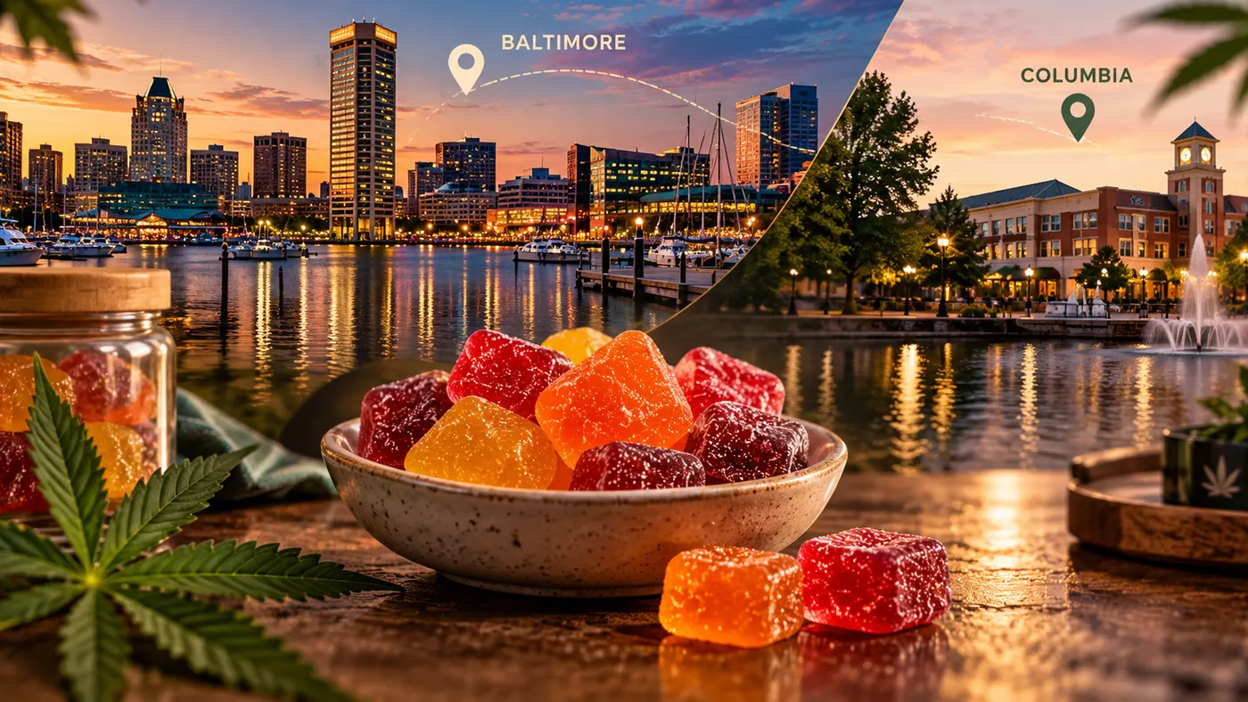 Colorful cannabis gummies in bowl with Baltimore and Columbia skyline backdrop